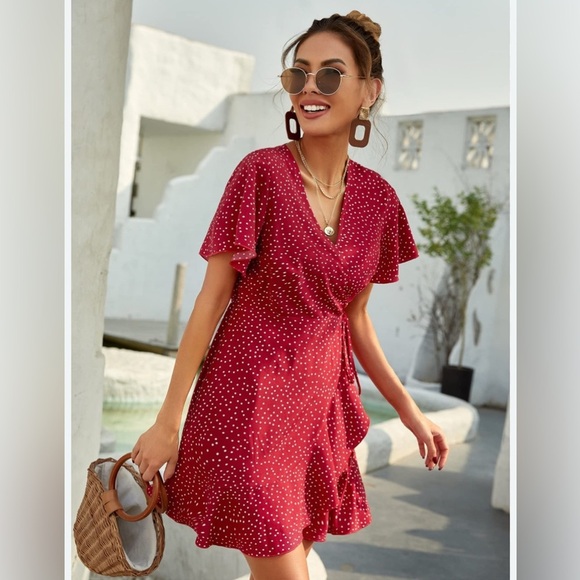 Naggoo Dresses & Skirts - Red Polka Dot Wrap Dress, Size Small